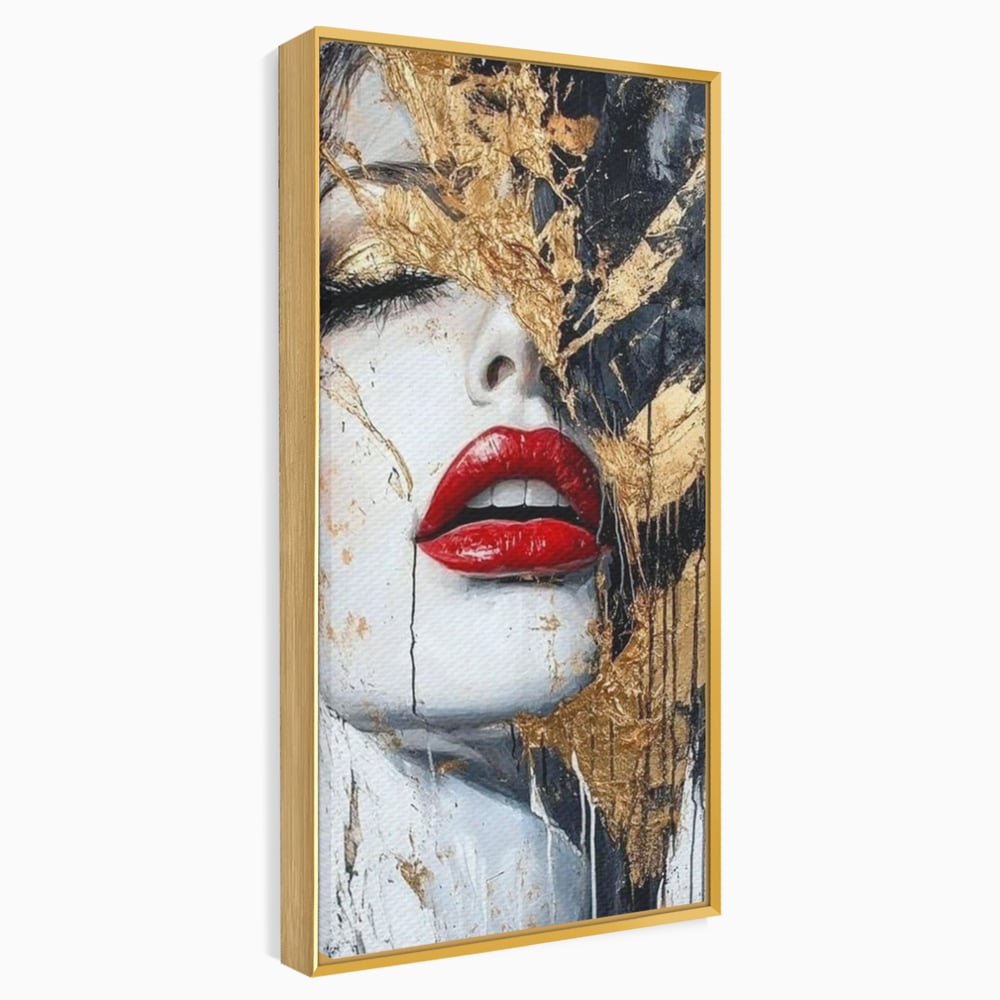 Tablou canvas cu tablou canvas cu chip de femeie si buze rosii, in rama de aluminiu auriu